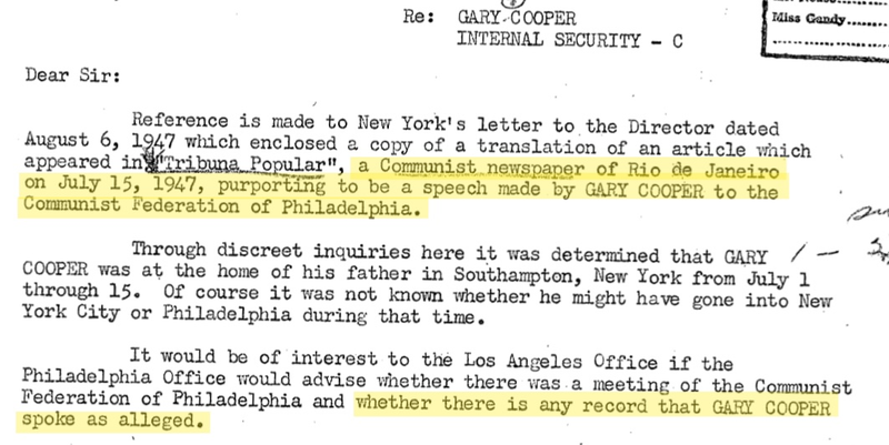 An excerpt from Gary Cooper’s FBI File, with highlighting by Gizmodo (FBI/FOIA)